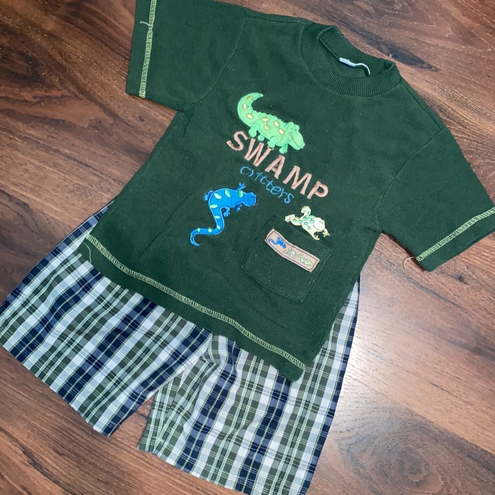 VINTAGE BOYS Play Green Swap shirt Plaid Gingham Elastic waist shorts 4T TARTAN